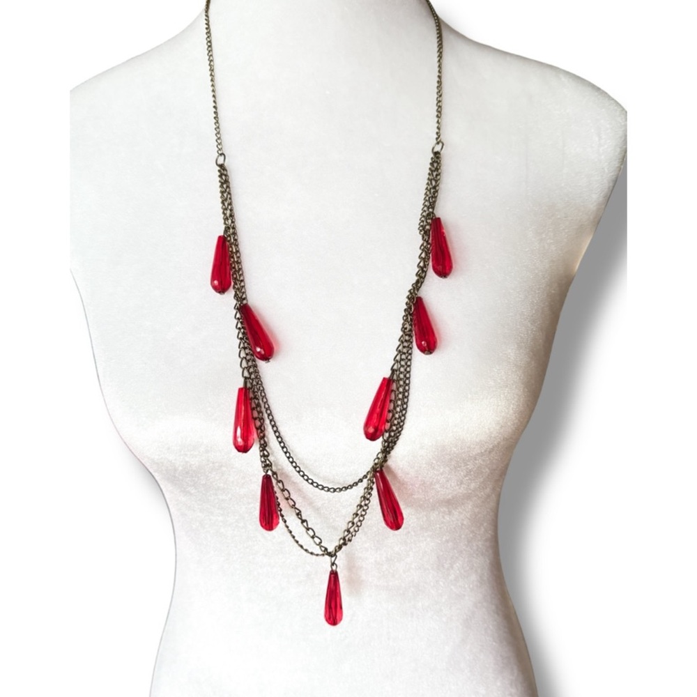 Vintage Red Glass Teardrop Glass Necklace Layered Chain Fringe Czech-Style